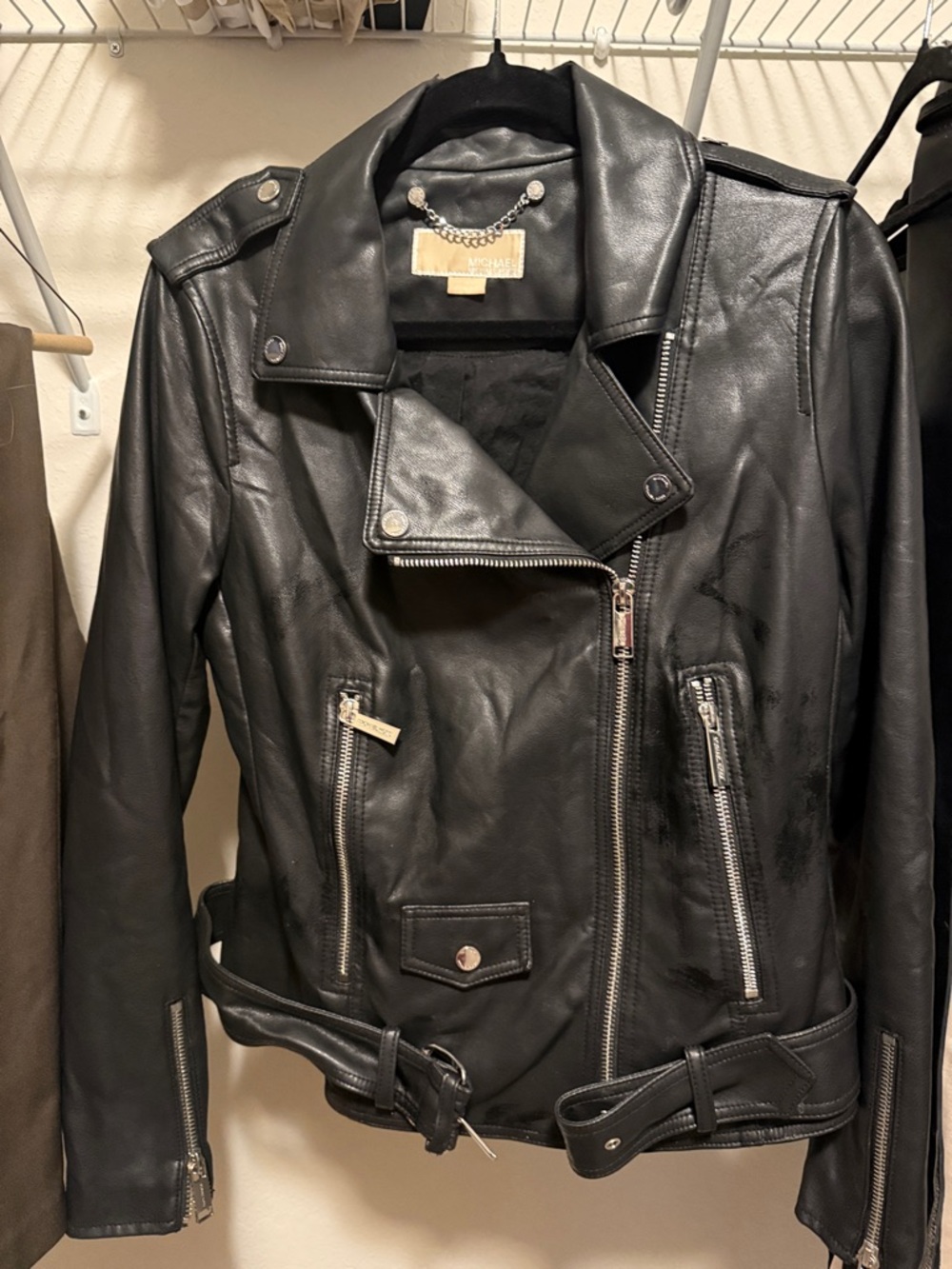 Michael Kors Black Leather Biker Jacket with Silver Hardware
